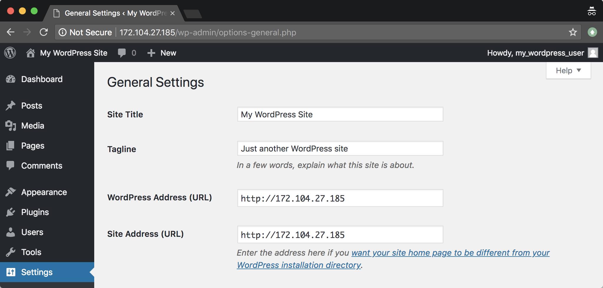 WordPress settings screen in the web browser WordPress settings screen in the web browser